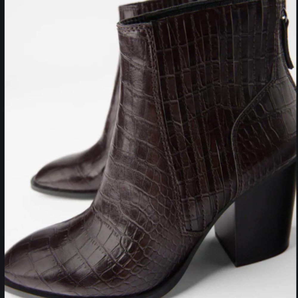 Zara Croc Print Leather Ankle Boots/Booties with Heels
